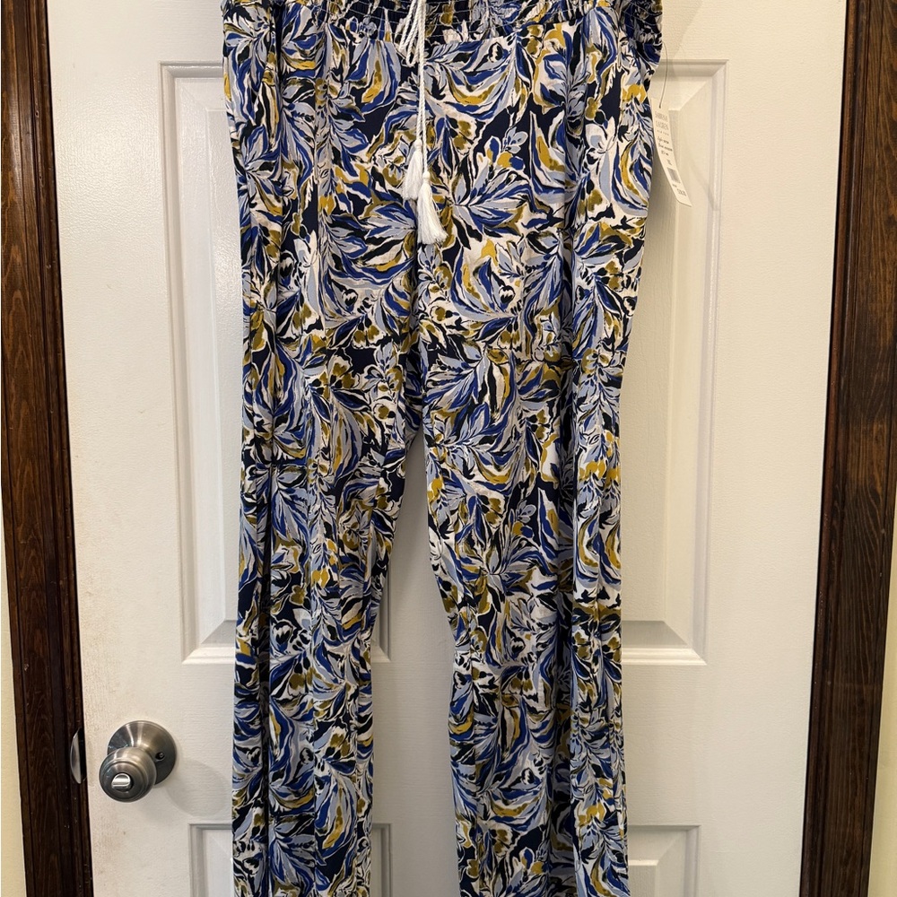 Elegant Blue and Yellow Floral Women's Wide Leg Pants